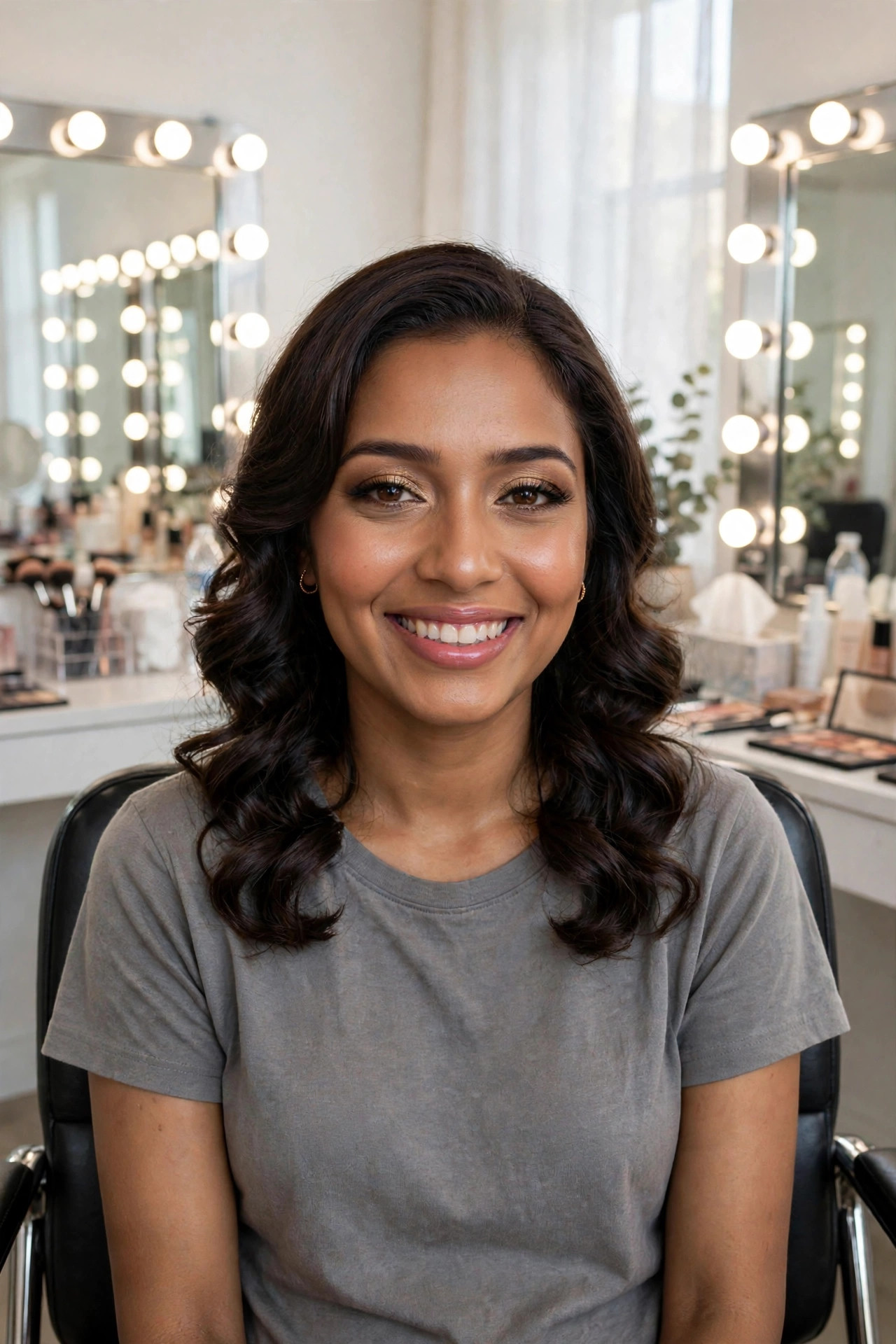 Same woman glamorous with flawless makeup and styled hair