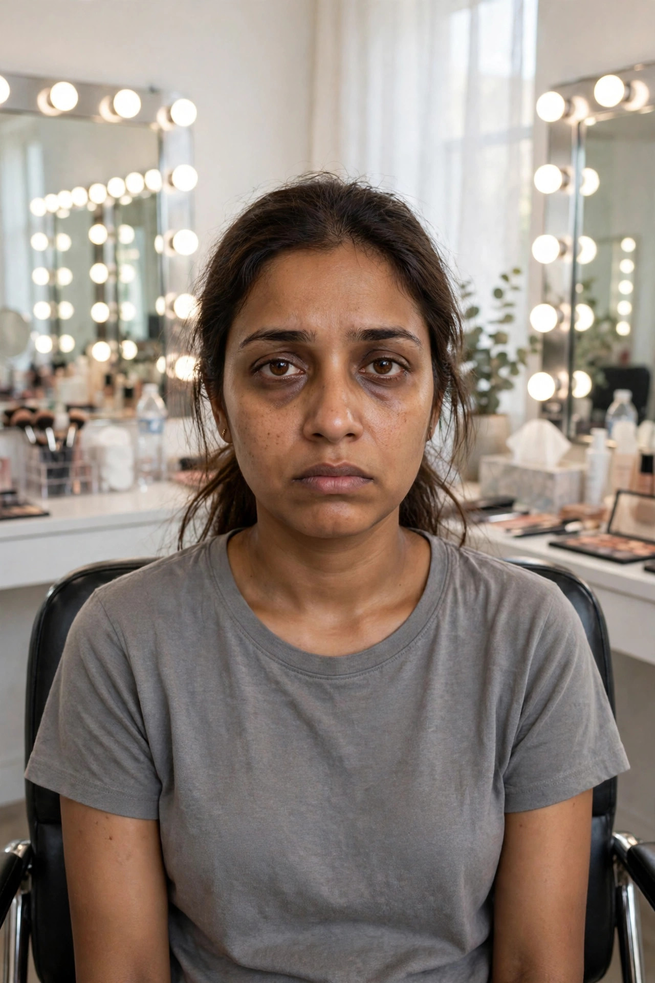 Woman plain and tired with bare face before makeup